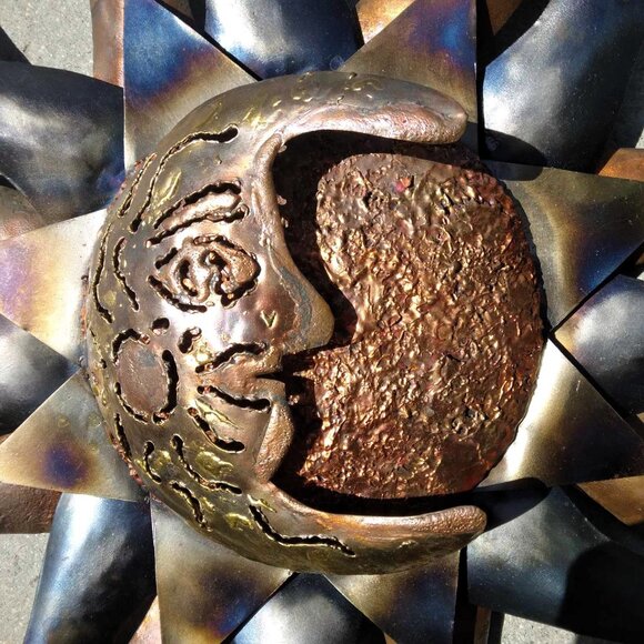 Gorgeous Mixed Metals Handmade Celestial Sunburst & Half Moon Face Sculpture - Picture 3 of 12